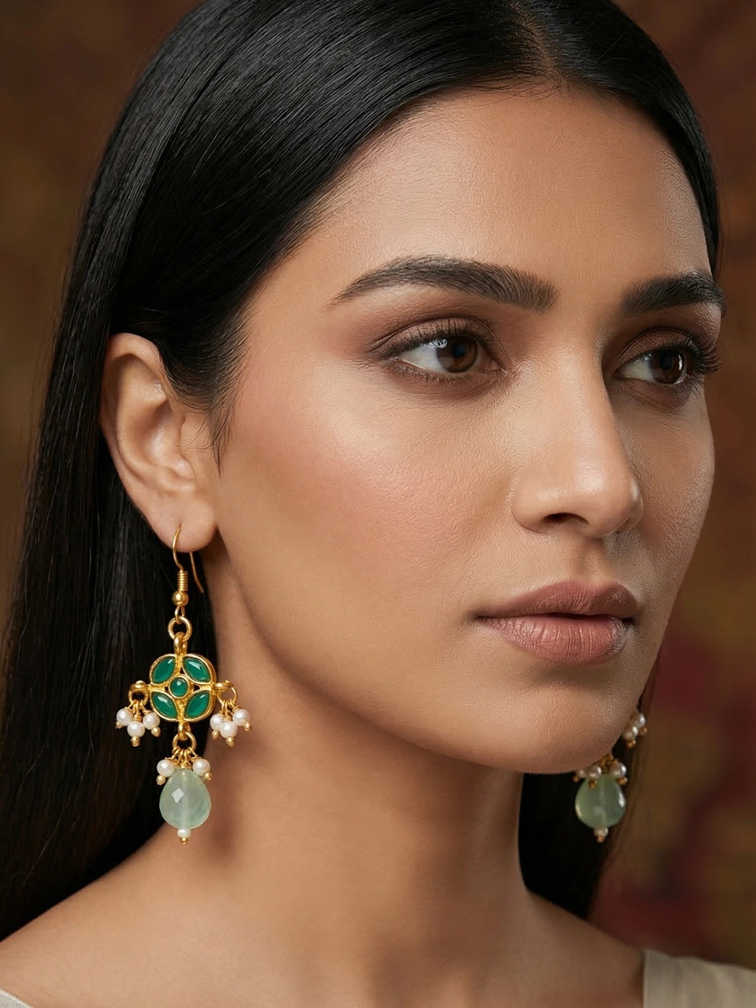 Aadita Emerald Green Kundan Chandelier Drop Earrings with Pearl Clusters and Mint Jade Drop