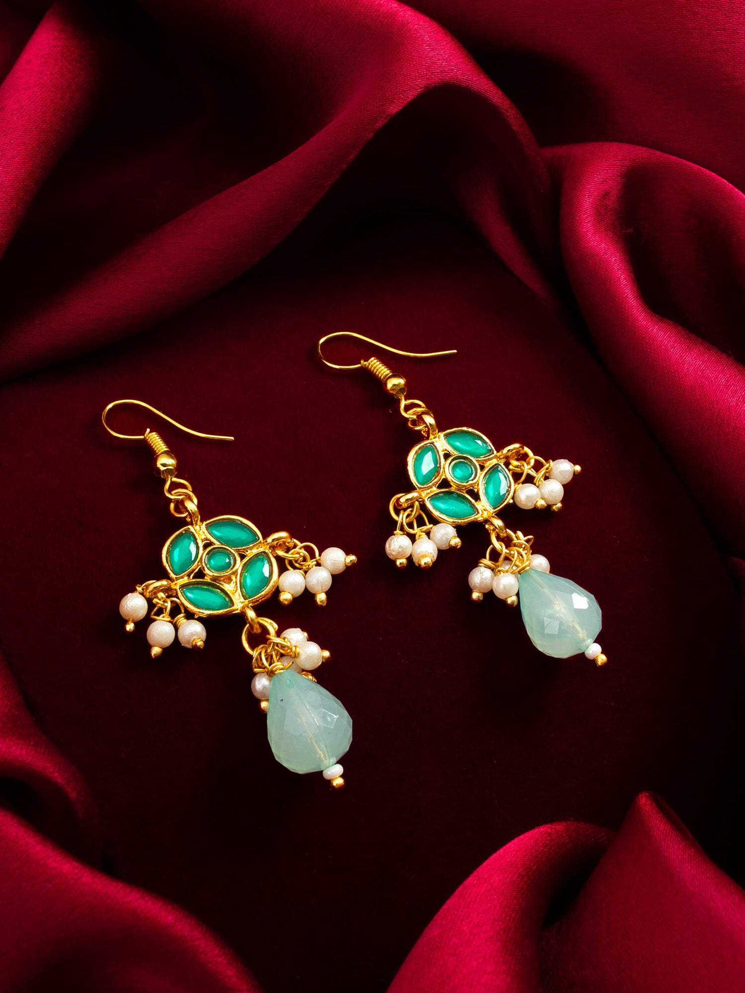 Aadita Emerald Green Kundan Chandelier Drop Earrings with Pearl Clusters and Mint Jade Drop