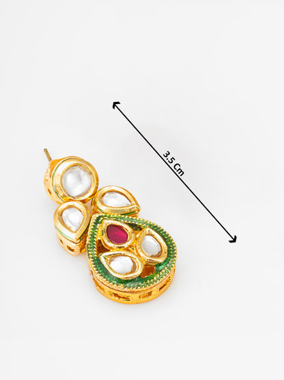 Aadita Polki Kundan Stud Drop Earrings with Green Meenakari Base and Ruby Accent