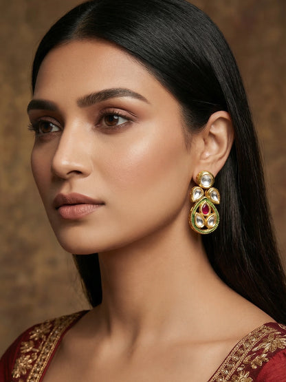 Aadita Polki Kundan Stud Drop Earrings with Green Meenakari Base and Ruby Accent