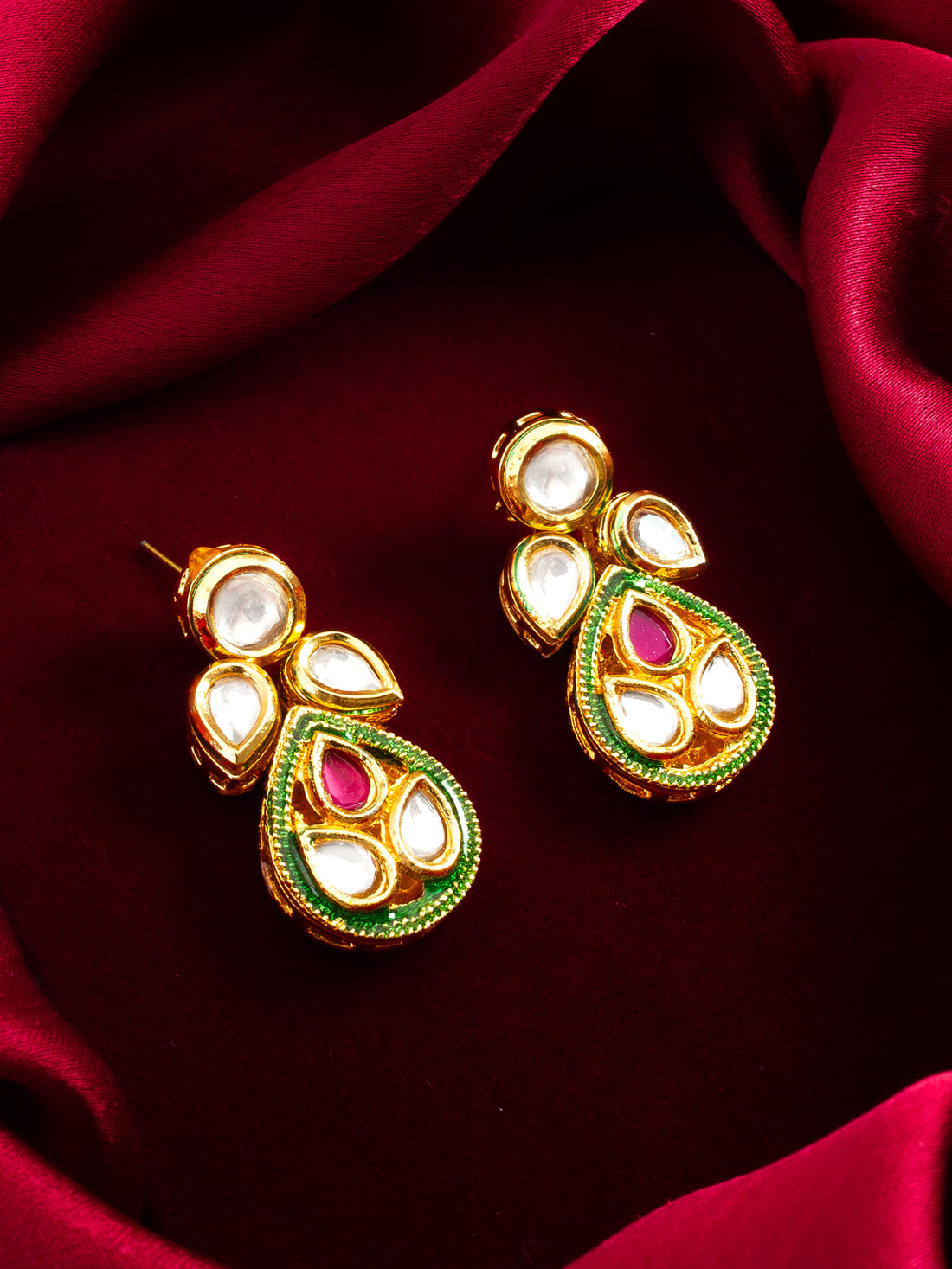 Aadita Polki Kundan Stud Drop Earrings with Green Meenakari Base and Ruby Accent