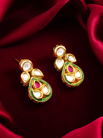 Aadita Polki Kundan Stud Drop Earrings with Green Meenakari Base and Ruby Accent