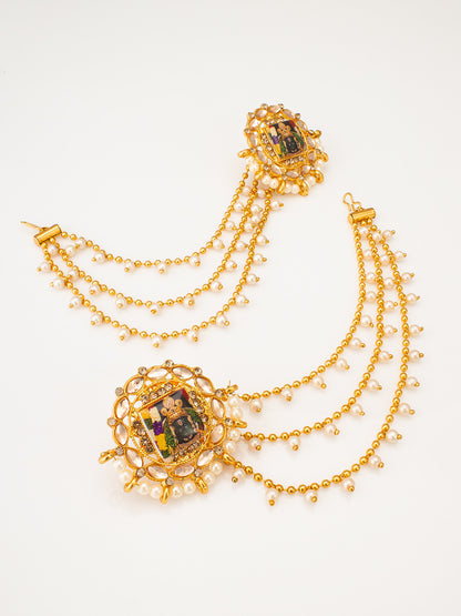 Aadita Bahubali Style Divine Motif Kundan Earrings with Multi-Layer Pearl Chain and AD Stones