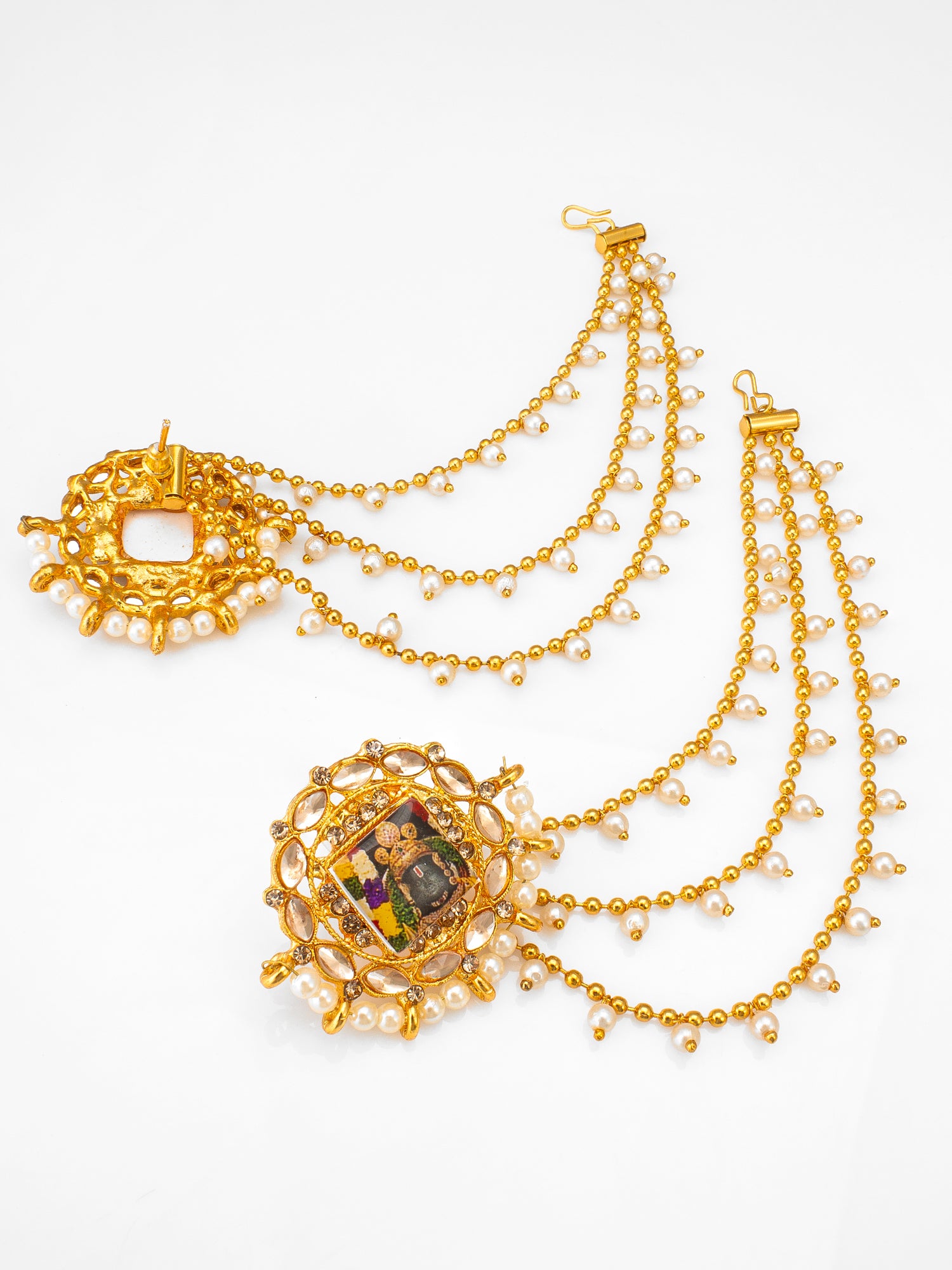 Aadita Bahubali Style Divine Motif Kundan Earrings with Multi-Layer Pearl Chain and AD Stones