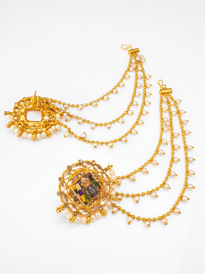 Aadita Bahubali Style Divine Motif Kundan Earrings with Multi-Layer Pearl Chain and AD Stones