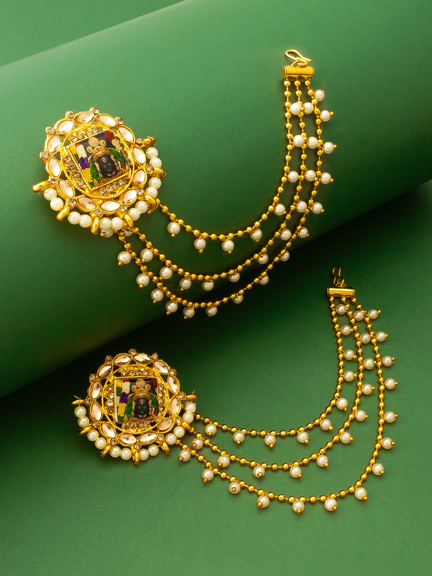 Aadita Bahubali Style Divine Motif Kundan Earrings with Multi-Layer Pearl Chain and AD Stones