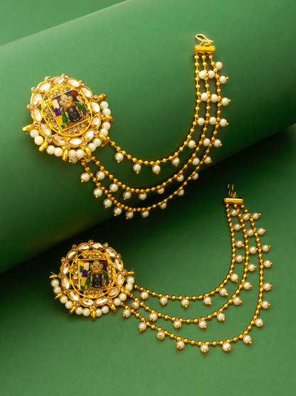 Aadita Bahubali Style Divine Motif Kundan Earrings with Multi-Layer Pearl Chain and AD Stones