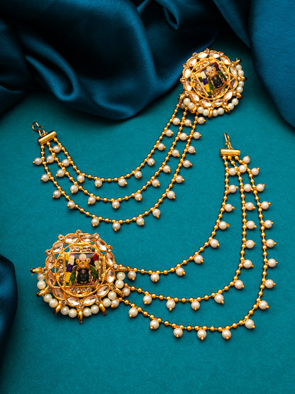 Aadita Bahubali Style Divine Motif Kundan Earrings with Multi-Layer Pearl Chain and AD Stones