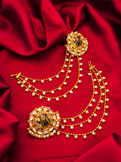 Aadita Bahubali Style Divine Motif Kundan Earrings with Multi-Layer Pearl Chain and AD Stones