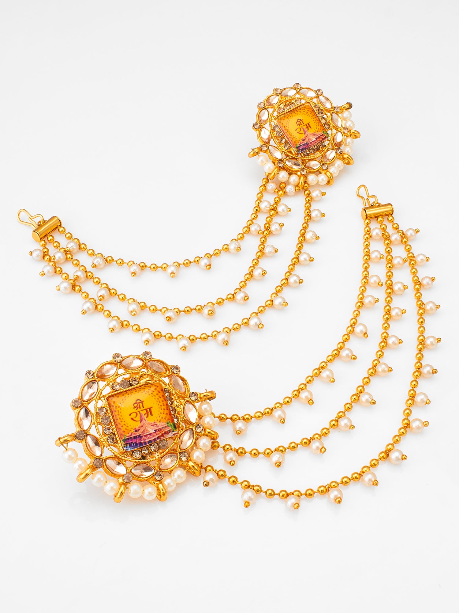 Aadita Bahubali Style Shri Ram Mandir Motif Kundan Earrings with Layered Pearl Chain