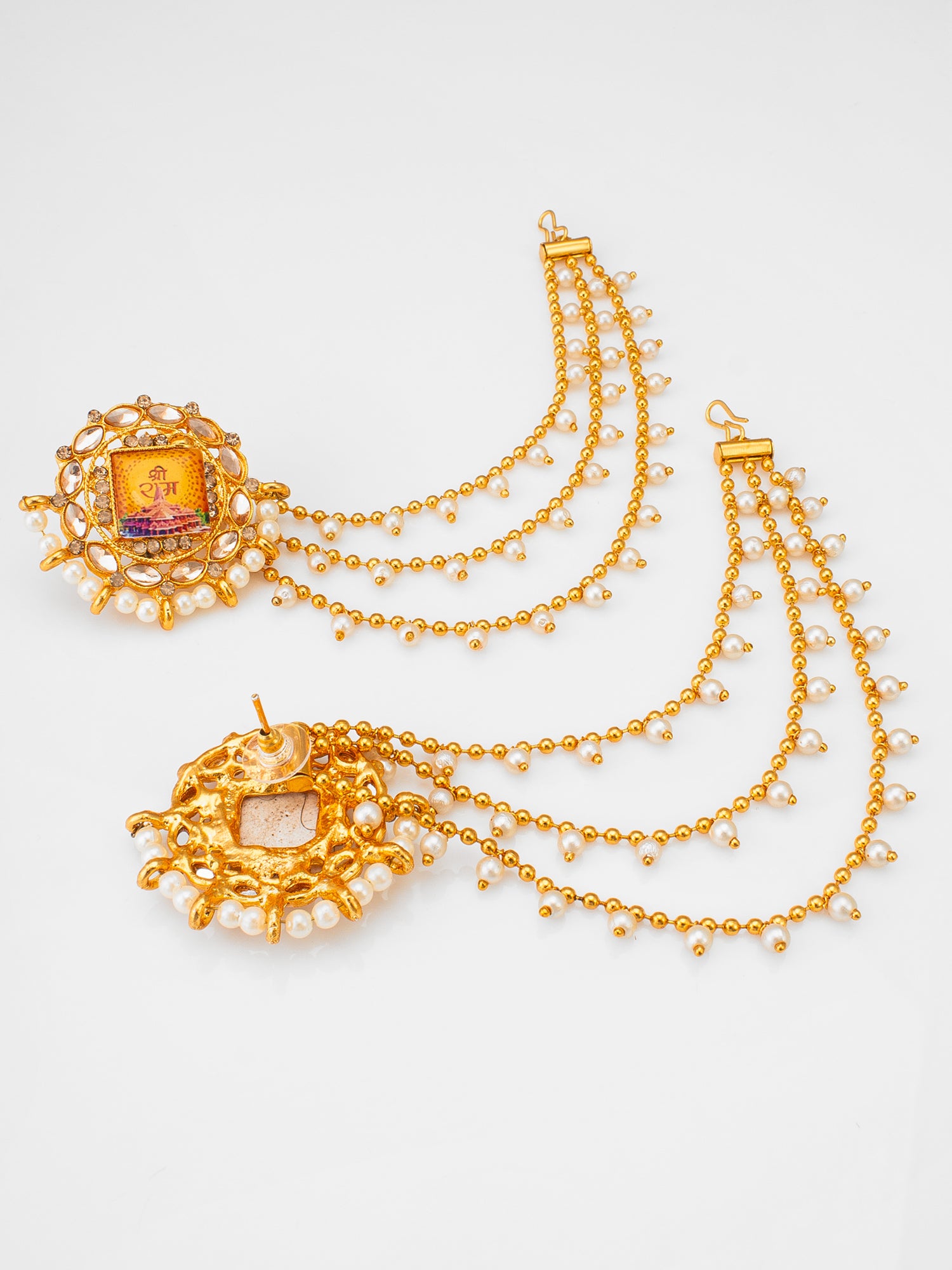 Aadita Bahubali Style Shri Ram Mandir Motif Kundan Earrings with Layered Pearl Chain