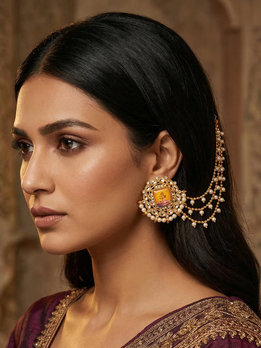 Aadita Bahubali Style Shri Ram Mandir Motif Kundan Earrings with Layered Pearl Chain