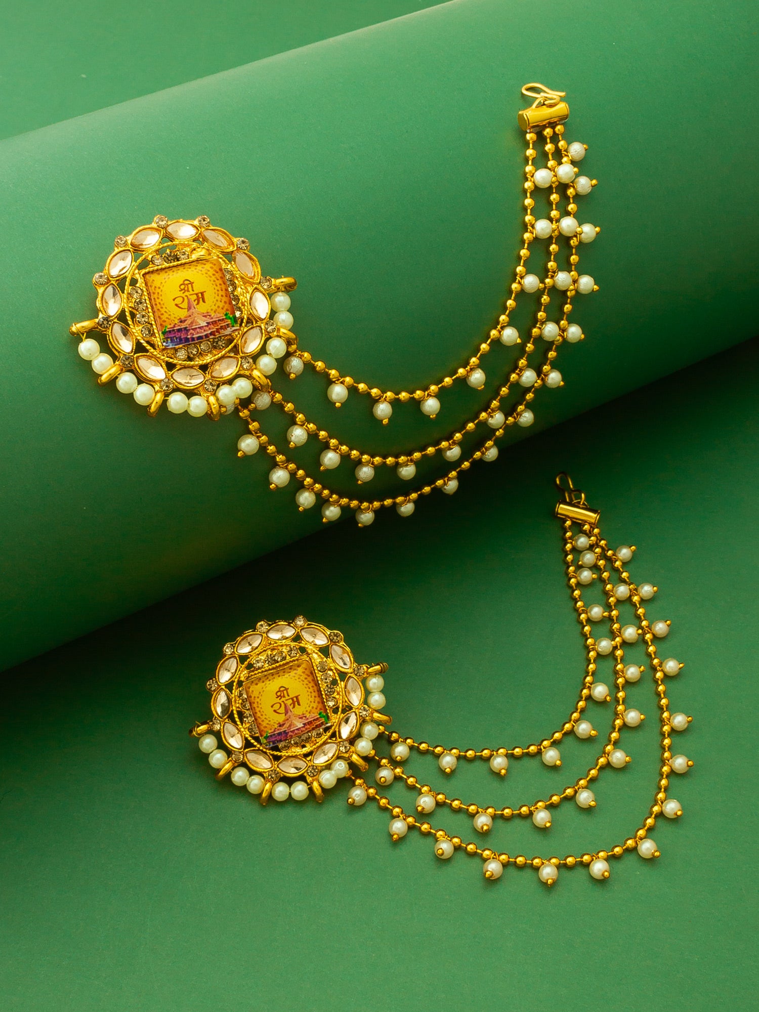 Aadita Bahubali Style Shri Ram Mandir Motif Kundan Earrings with Layered Pearl Chain