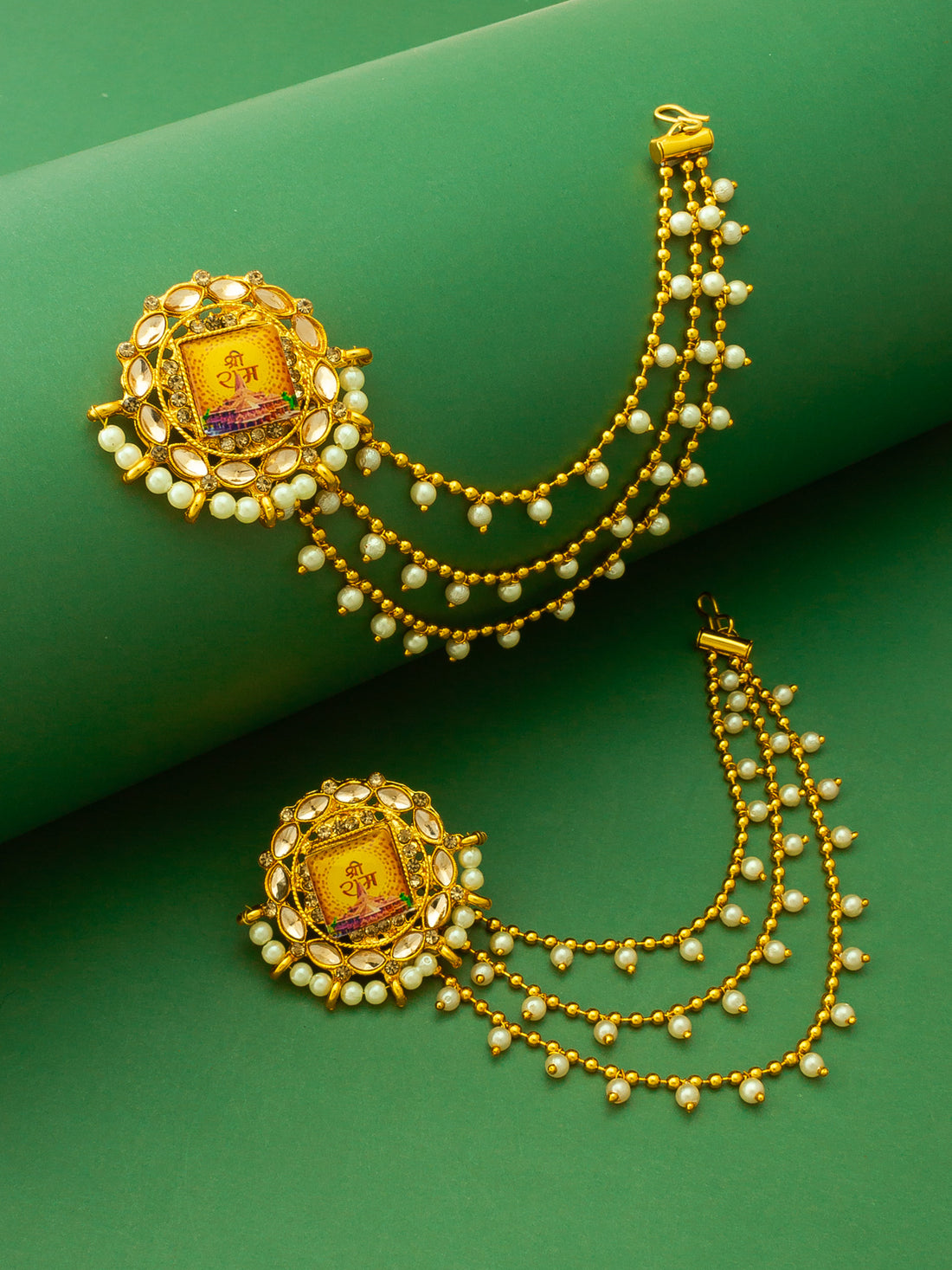 Aadita Bahubali Style Shri Ram Mandir Motif Kundan Earrings with Layered Pearl Chain
