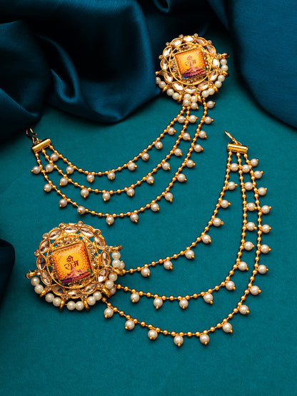 Aadita Bahubali Style Shri Ram Mandir Motif Kundan Earrings with Layered Pearl Chain