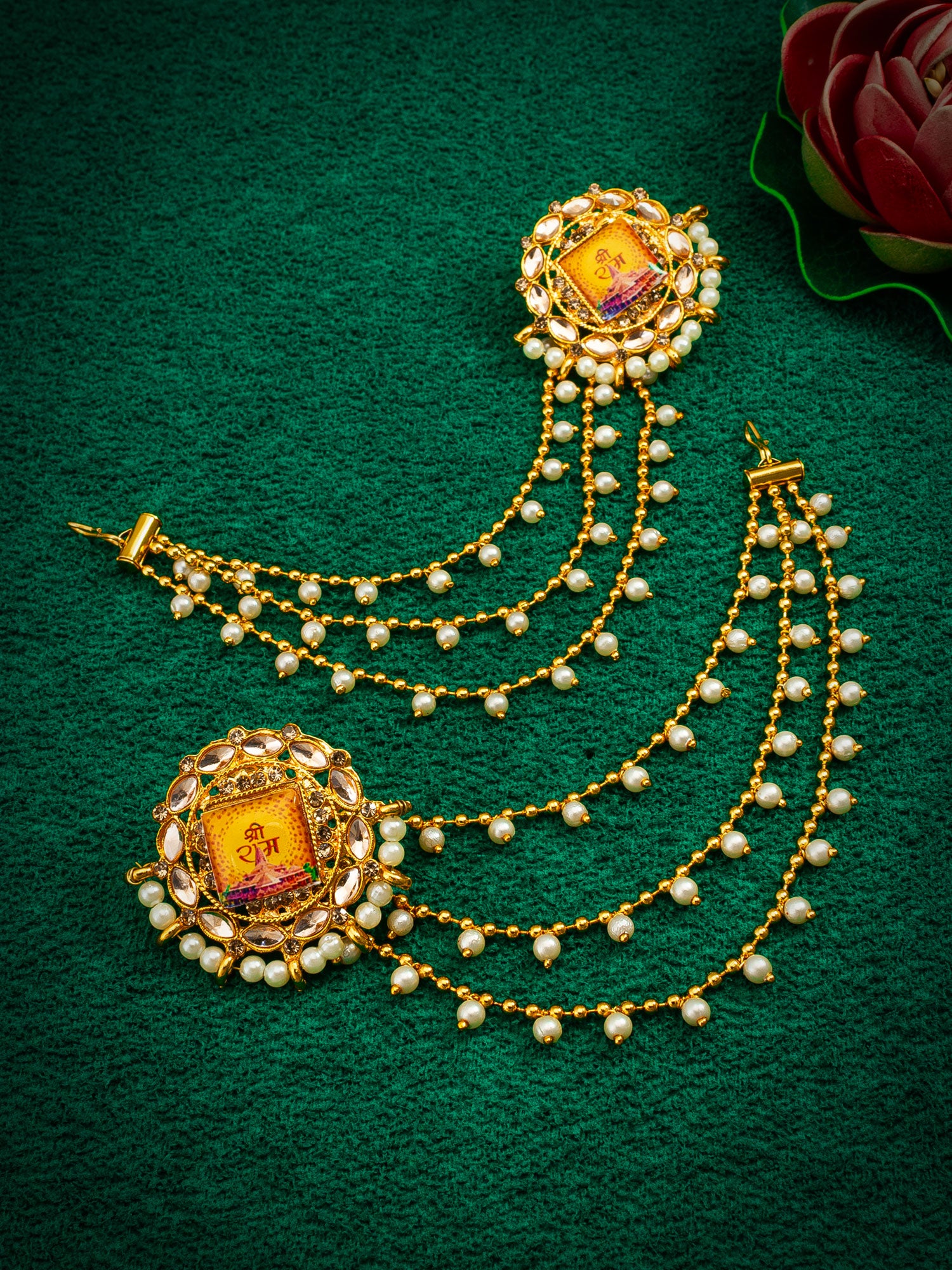 Aadita Bahubali Style Shri Ram Mandir Motif Kundan Earrings with Layered Pearl Chain