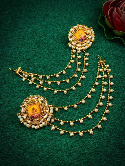 Aadita Bahubali Style Shri Ram Mandir Motif Kundan Earrings with Layered Pearl Chain