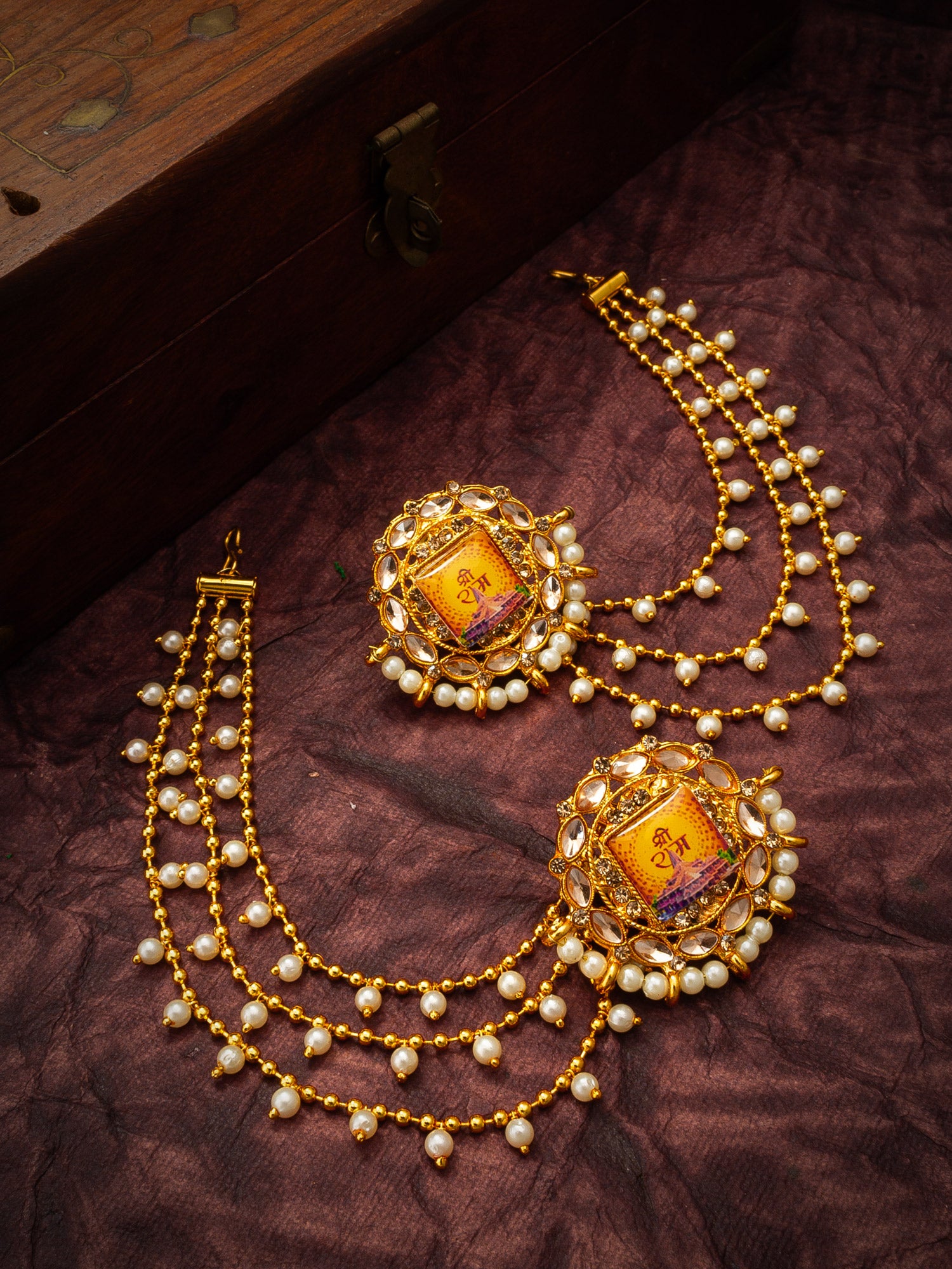 Aadita Bahubali Style Shri Ram Mandir Motif Kundan Earrings with Layered Pearl Chain