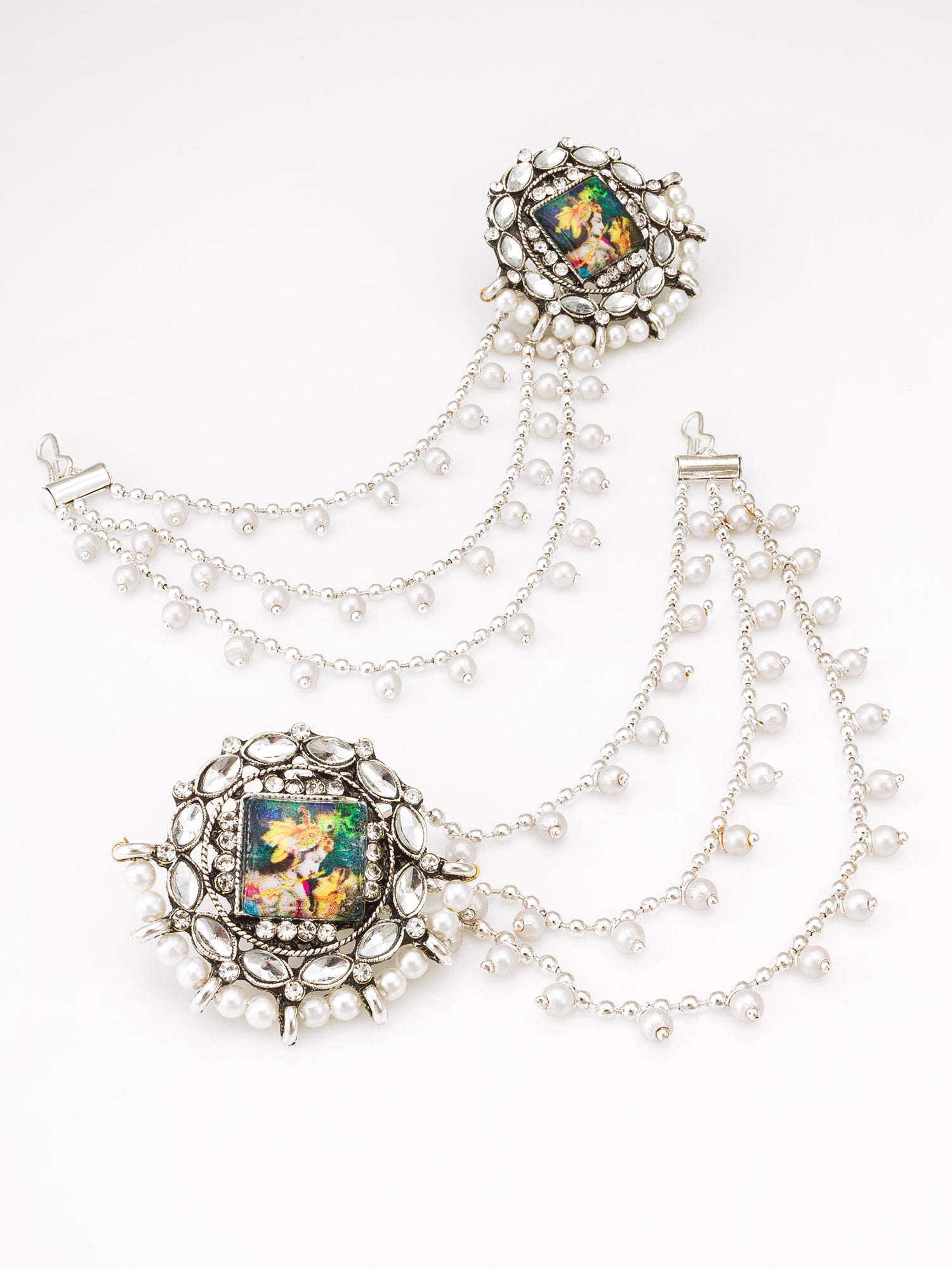 Aadita Silver Oxidized Bahubali Earrings with Divine Motif Centre and Multi-Layer Pearl Chain