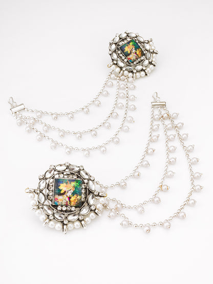 Aadita Silver Oxidized Bahubali Earrings with Divine Motif Centre and Multi-Layer Pearl Chain