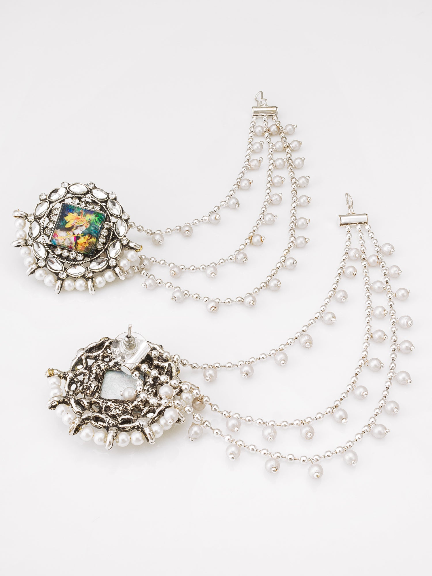Aadita Silver Oxidized Bahubali Earrings with Divine Motif Centre and Multi-Layer Pearl Chain