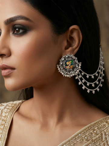 Aadita Silver Oxidized Bahubali Earrings with Divine Motif Centre and Multi-Layer Pearl Chain