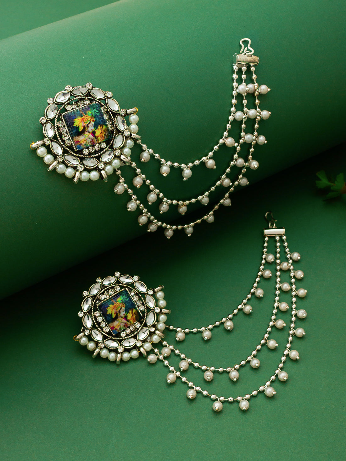 Aadita Silver Oxidized Bahubali Earrings with Divine Motif Centre and Multi-Layer Pearl Chain
