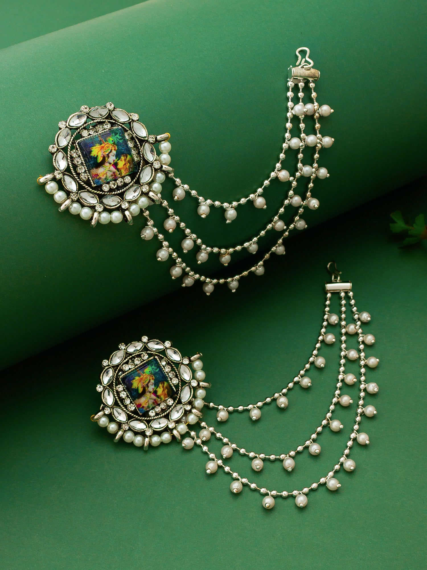 Aadita Silver Oxidized Bahubali Earrings with Divine Motif Centre and Multi-Layer Pearl Chain