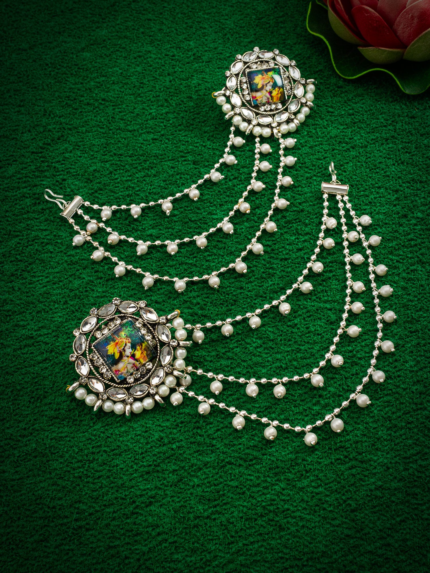 Aadita Silver Oxidized Bahubali Earrings with Divine Motif Centre and Multi-Layer Pearl Chain
