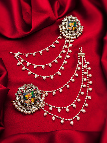 Aadita Silver Oxidized Bahubali Earrings with Divine Motif Centre and Multi-Layer Pearl Chain