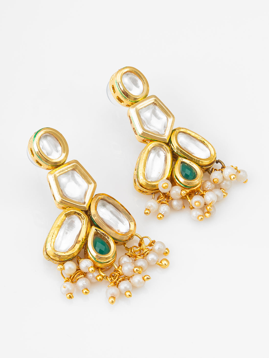 Gold Plated Contemporary Kundan Cluster Earrings with Emerald Green Accents