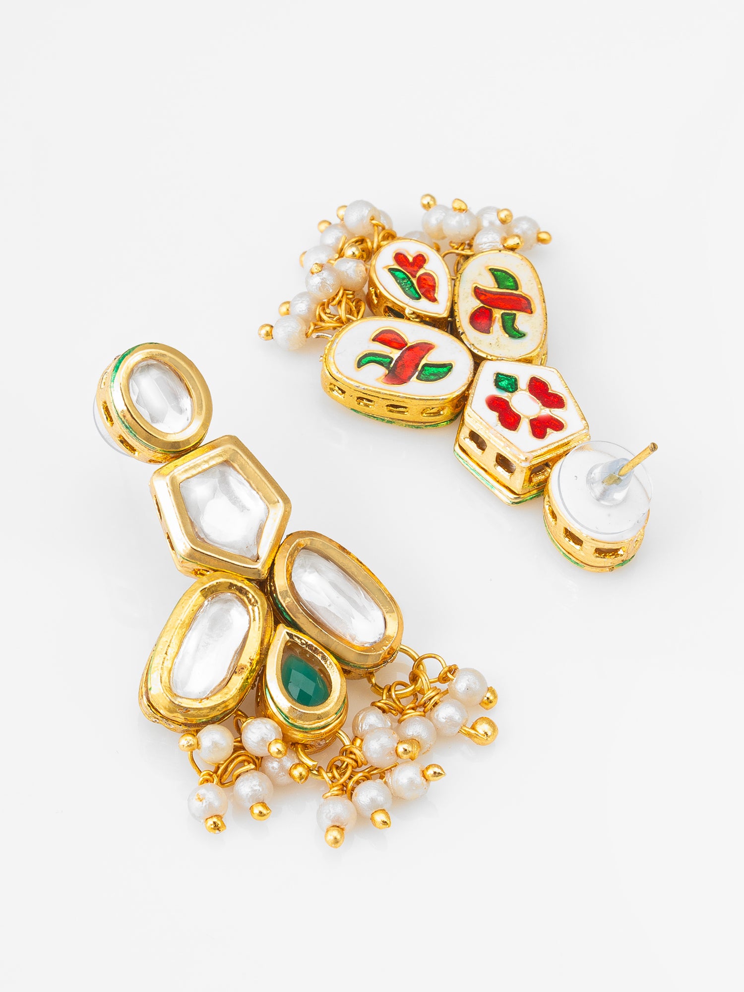 Gold Plated Contemporary Kundan Cluster Earrings with Emerald Green Accents