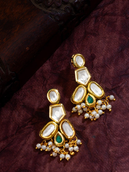 Gold Plated Contemporary Kundan Cluster Earrings with Emerald Green Accents