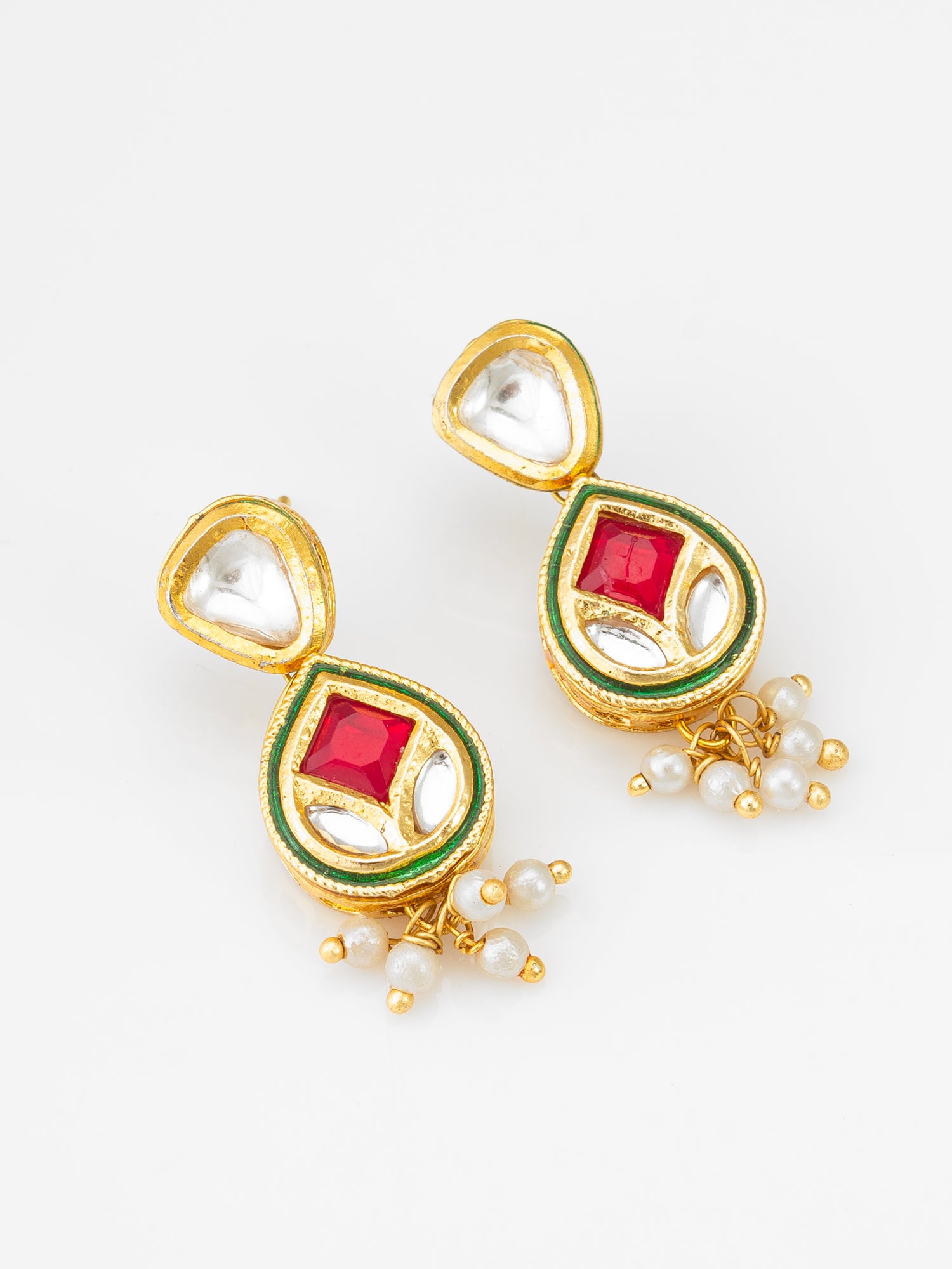 Traditional Gold-Plated Kundan Meenakari Drop Earrings with Ruby Red Accents and Pearl Droplets