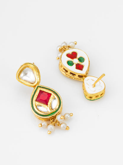 Traditional Gold-Plated Kundan Meenakari Drop Earrings with Ruby Red Accents and Pearl Droplets