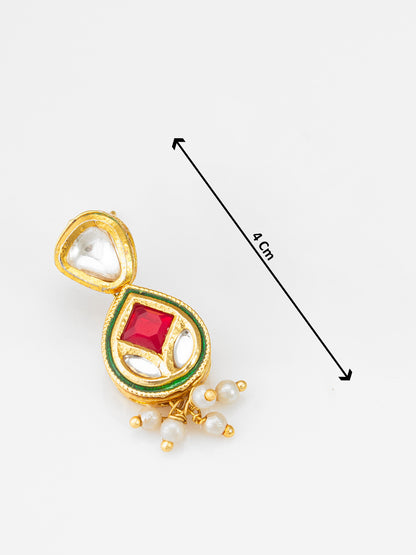 Traditional Gold-Plated Kundan Meenakari Drop Earrings with Ruby Red Accents and Pearl Droplets