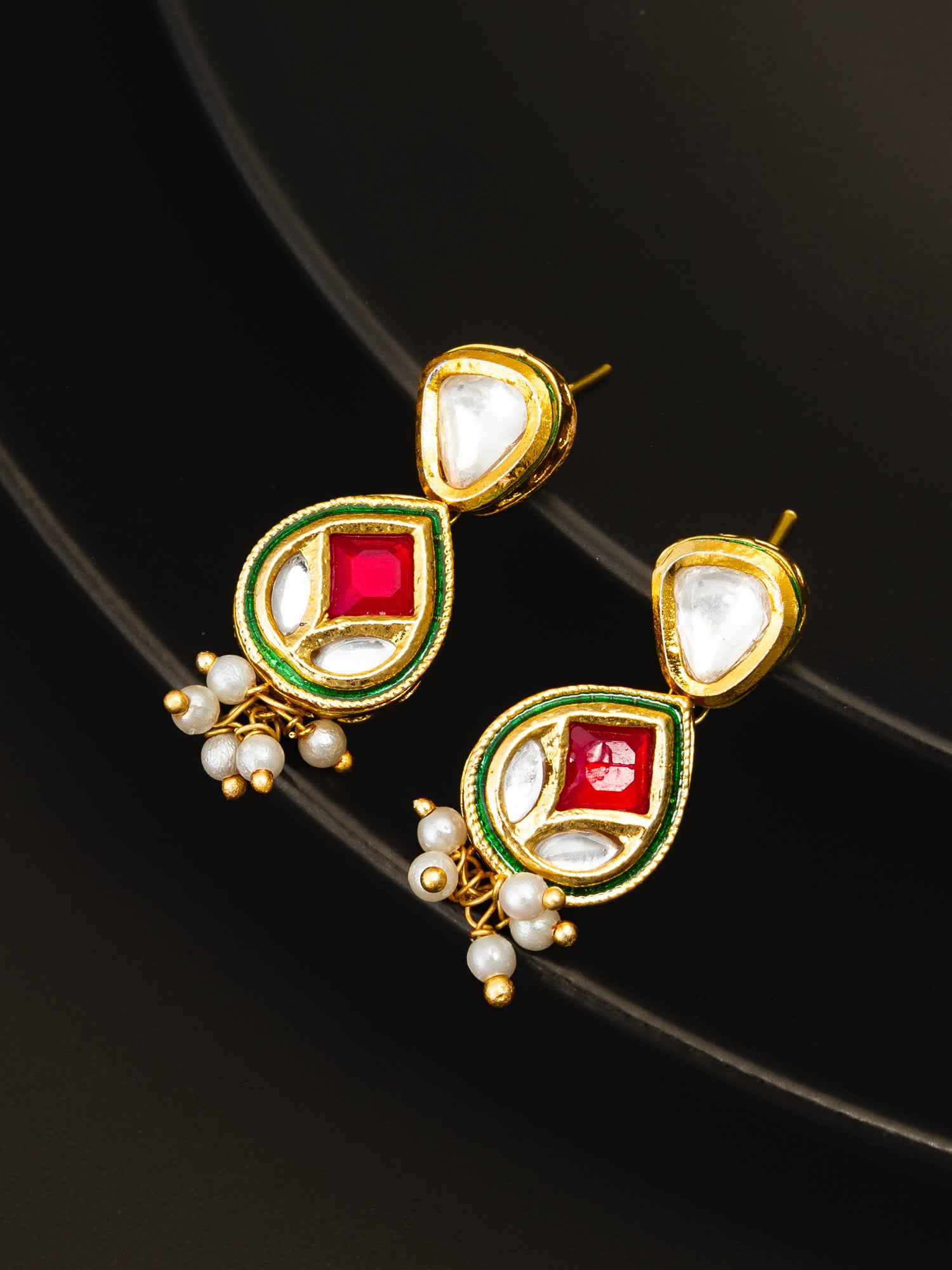Traditional Gold-Plated Kundan Meenakari Drop Earrings with Ruby Red Accents and Pearl Droplets