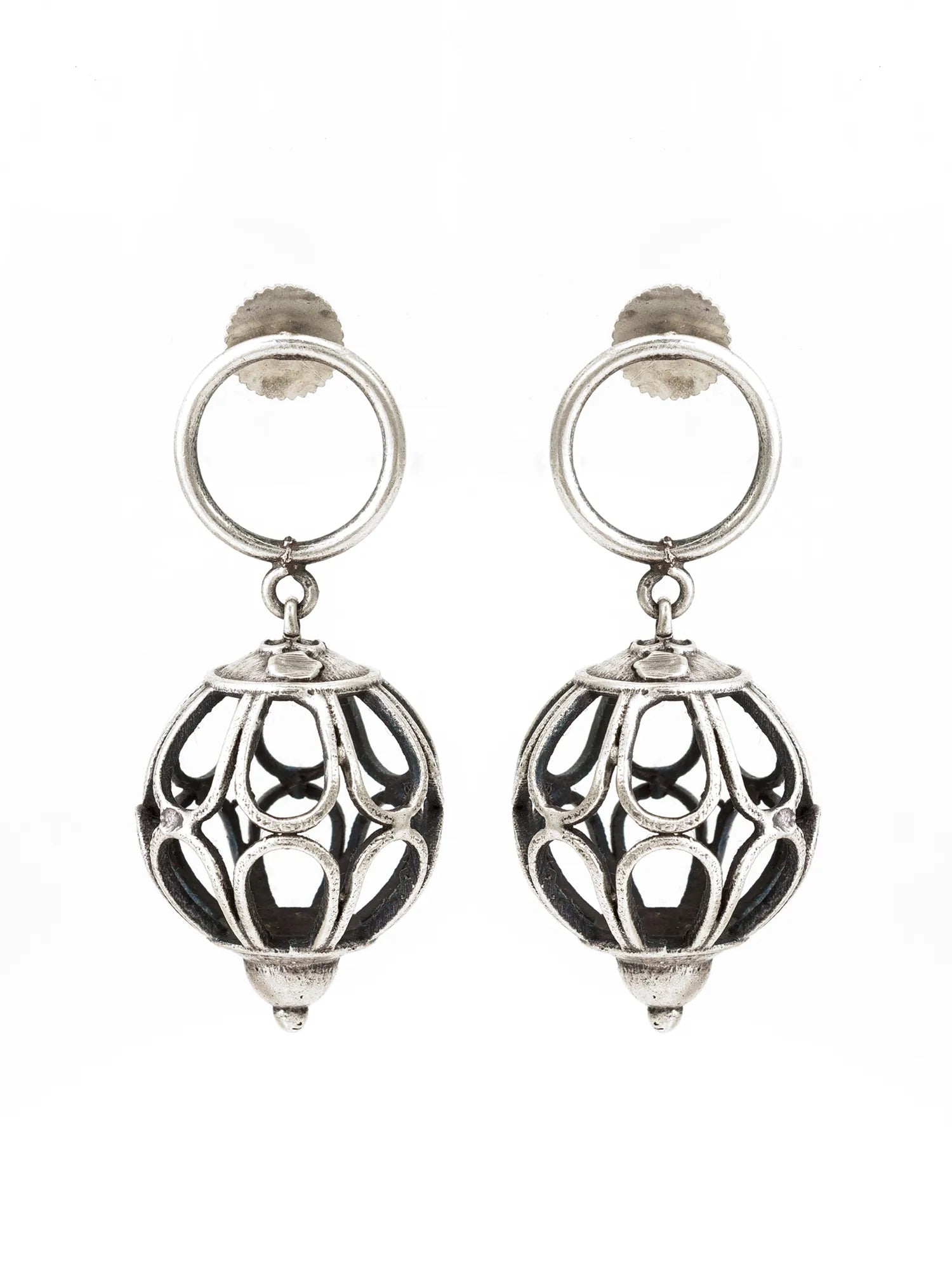 Oxidized Silver Cutwork Ball Drop Earrings On A White Background