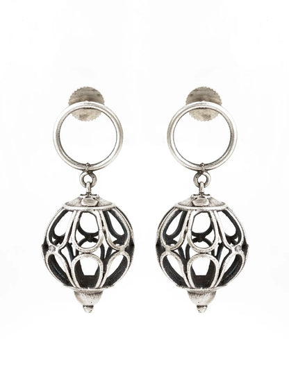 Oxidized Silver Cutwork Ball Drop Earrings On A White Background