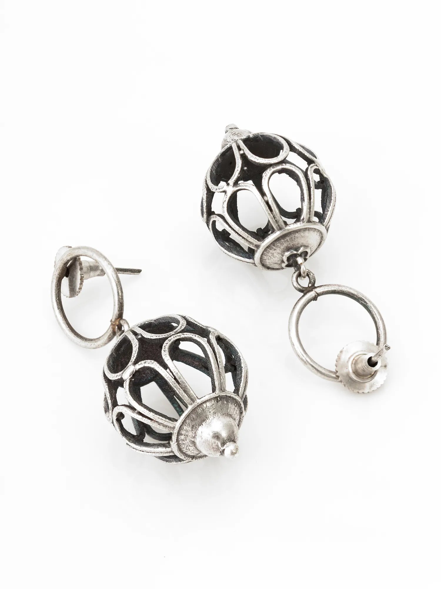 Oxidized Silver Cutwork Ball Drop Earrings 