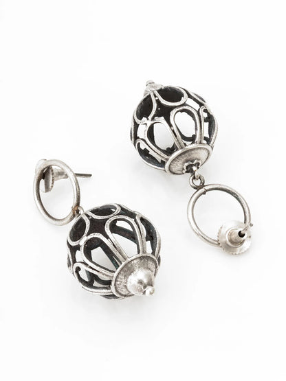 Oxidized Silver Cutwork Ball Drop Earrings 