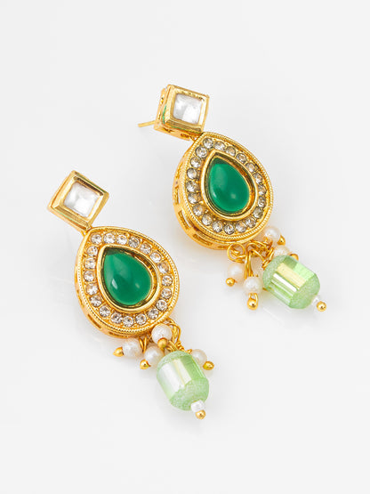 Gold Plated Green Teardrop Kundan Earrings with Mint Crystal Drops