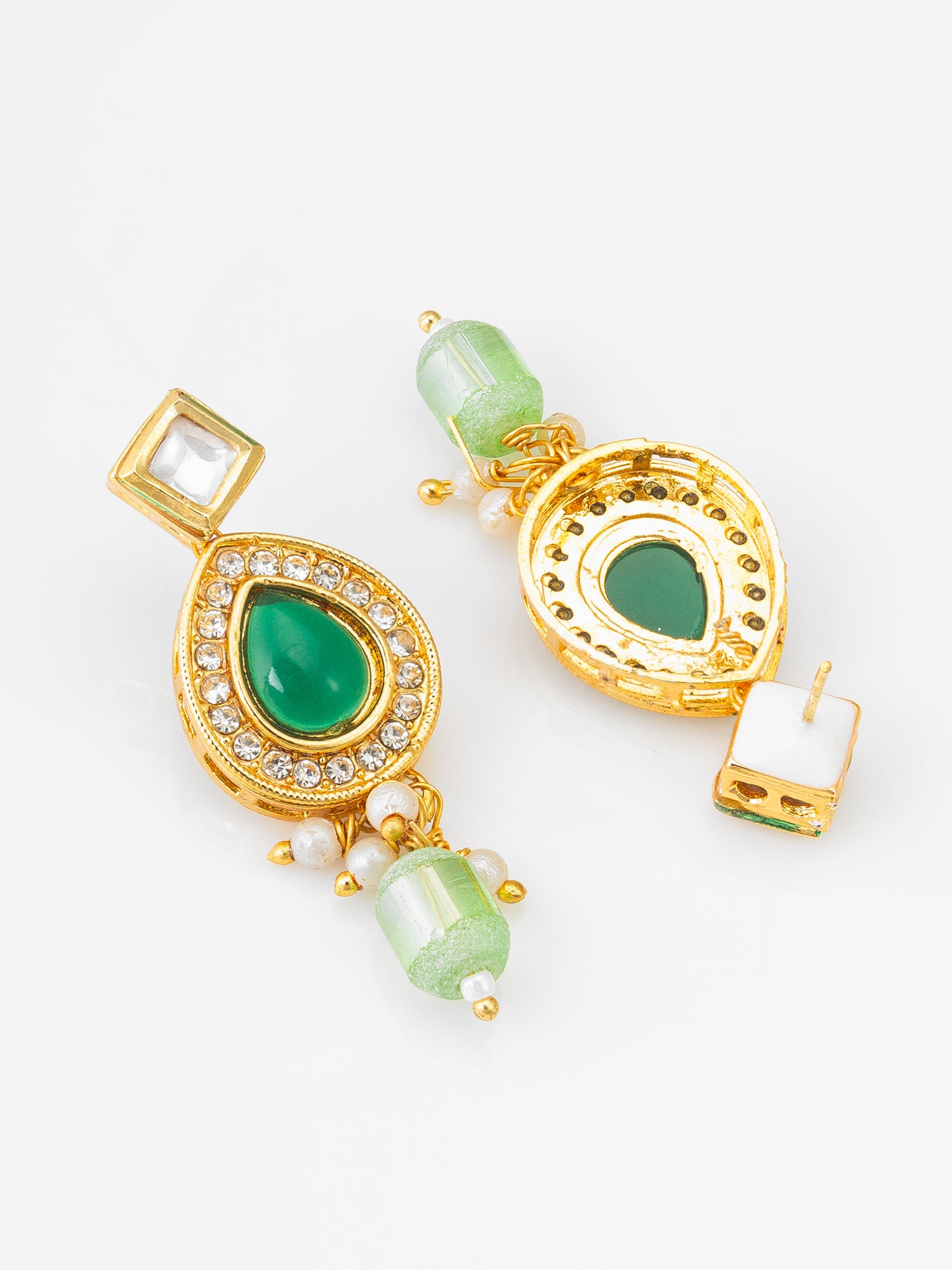 Gold Plated Green Teardrop Kundan Earrings with Mint Crystal Drops