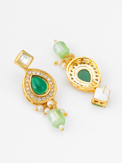 Gold Plated Green Teardrop Kundan Earrings with Mint Crystal Drops