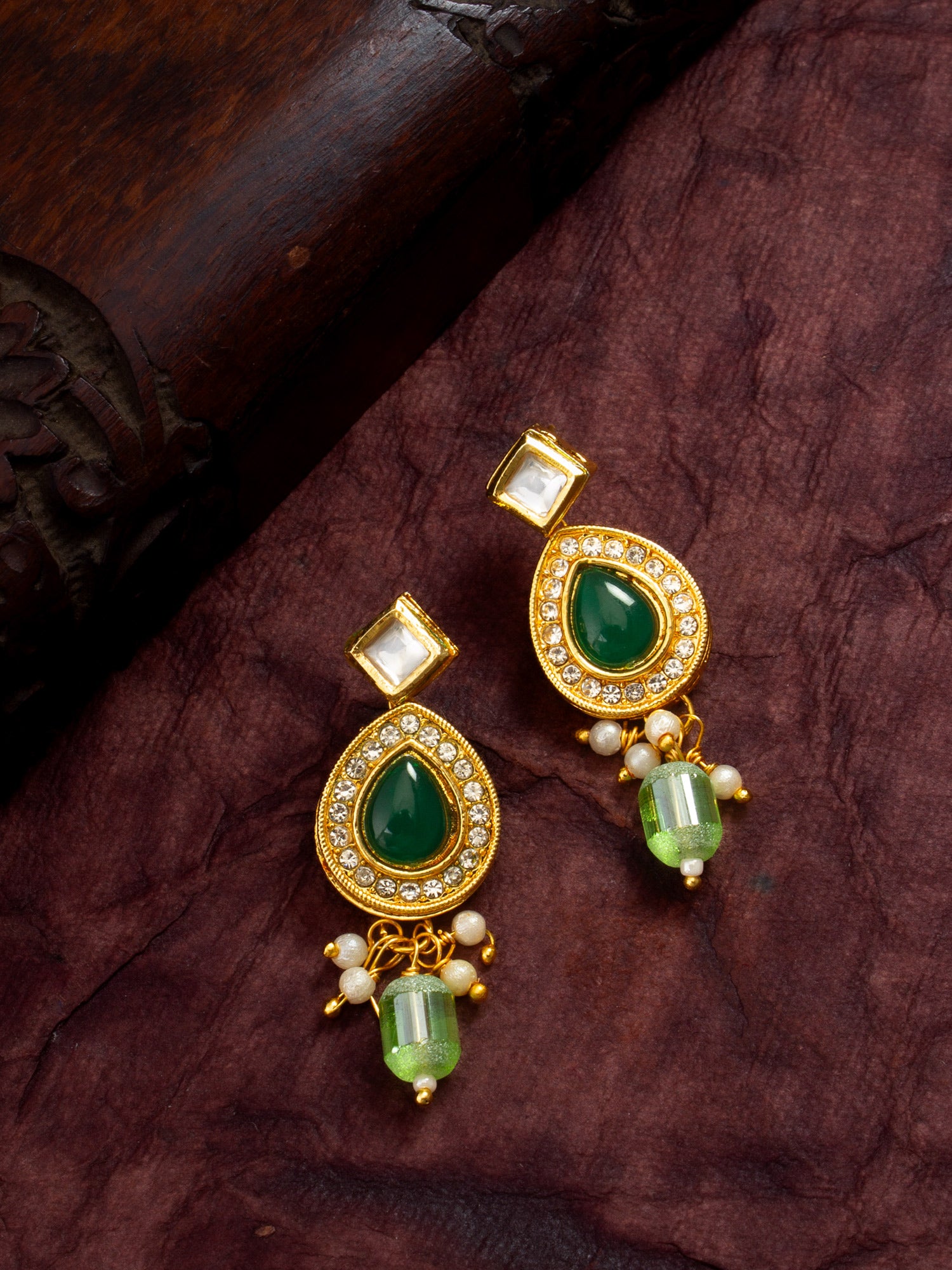 Gold Plated Green Teardrop Kundan Earrings with Mint Crystal Drops