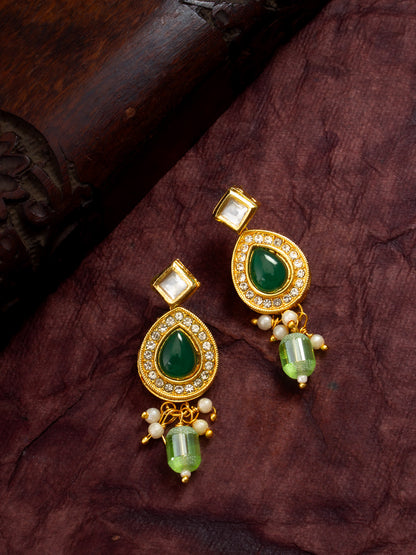 Gold Plated Green Teardrop Kundan Earrings with Mint Crystal Drops