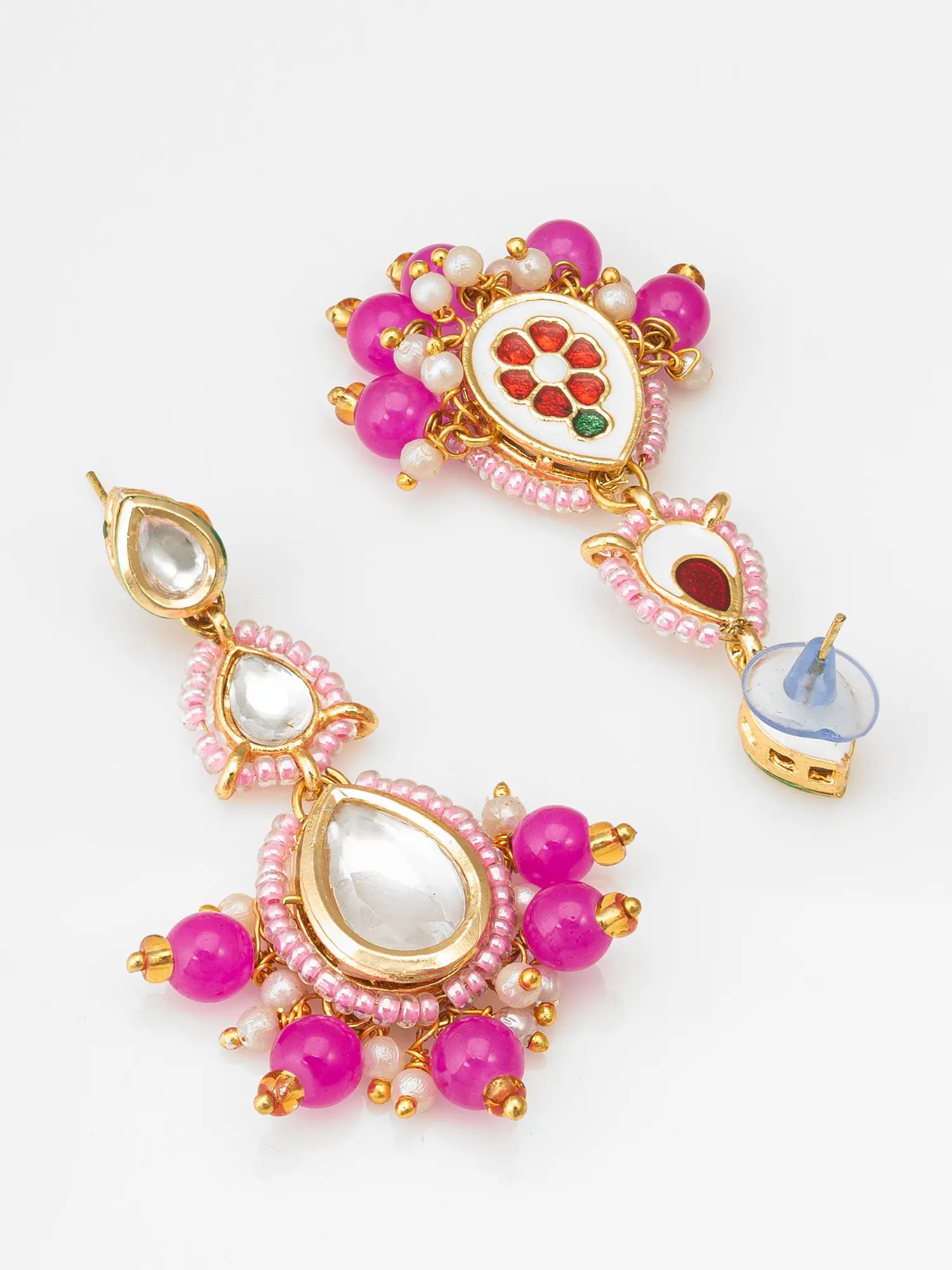 Pink Kundan Beaded Drop Earrings 