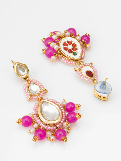 Pink Kundan Beaded Drop Earrings 