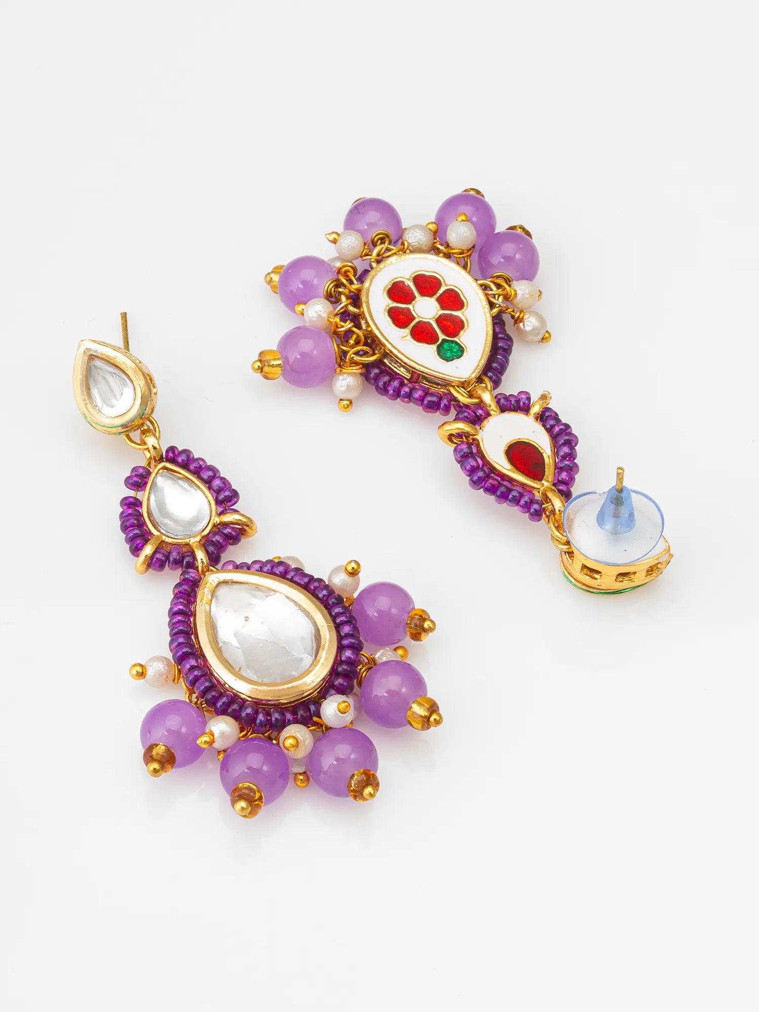 Purple Kundan Beaded Drop Earrings