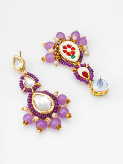 Purple Kundan Beaded Drop Earrings